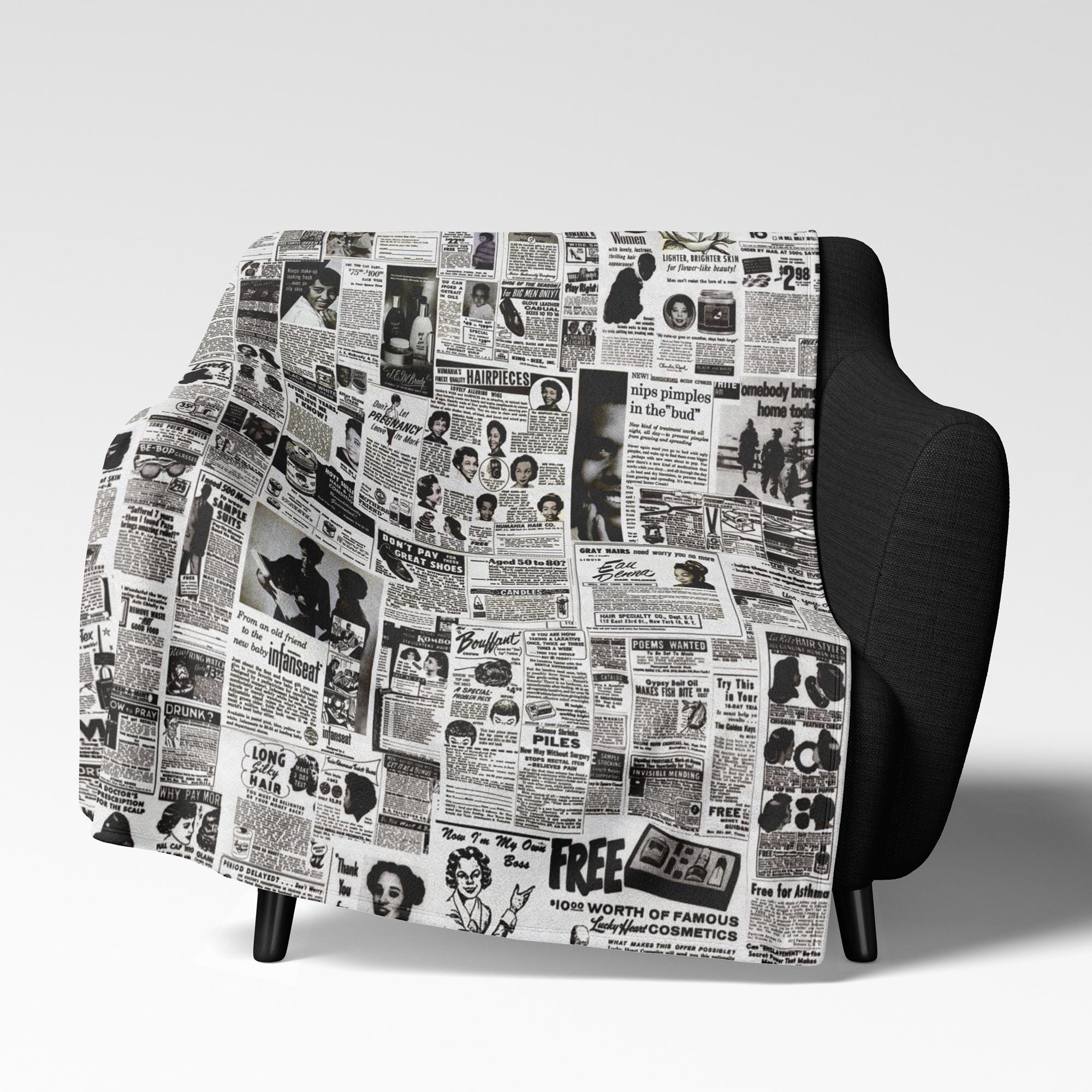 Vintage Black Ads Throw Blanket: Retro Newspaper Collage
