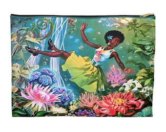 Black Woman Sci-Fi Fantasy Accessory Pouch | Afro Surreal Botanical Zipper Bag
