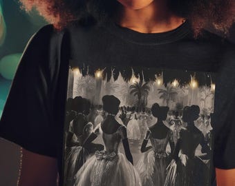 May include: Black t-shirt featuring a grayscale image of a ballroom scene with women in elegant gowns. The image depicts a vintage aesthetic, with figures in silhouette and detailed dresses. The overall theme is vintage fashion and classic elegance.