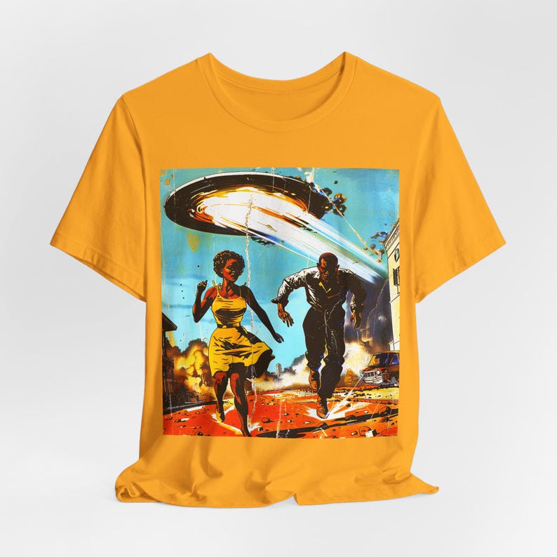 Couple Running from Alien Invasion Shirt | Sci Fi Style, Retro Space Sighting Tee Gold