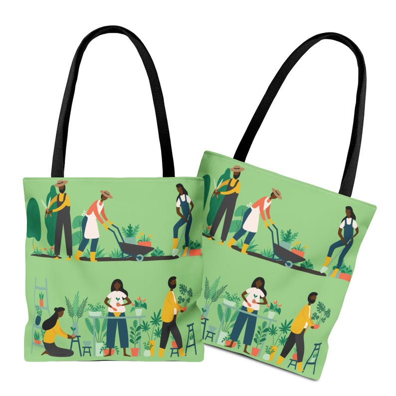 May include: Two tote bags with black handles and a light green background. The bags feature a repeating illustration of people gardening, with plants and gardening tools. The bags are made of a durable material.
