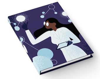May include: A purple notebook cover with a white lab coat wearing scientist with glasses and a tablet. The scientist is surrounded by white and blue circles and lines.