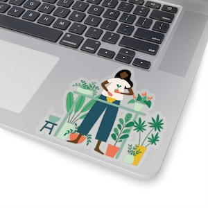 Adesivo de mulher negra com plantas - corte de beijo - senhora de planta - presente para amante de plantas - adesivos afro-americanos - presentes para preto - decalque para laptop