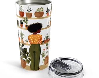 Tazza da viaggio Black Girl Green Thumb da 20 once: tazza da viaggio per amanti delle piante afro-donna