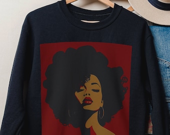 Afro Lady Sweatshirt - African American Tops - Crimson Red - Afrocentric Sweater - Natural Curly - Brown Skin - Black Woman - Adult Unisex