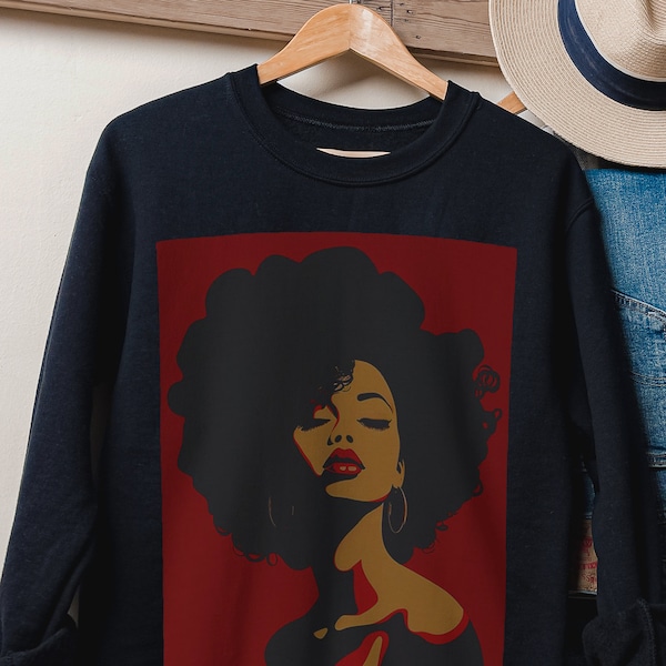 Afro Lady Sweatshirt - African American Tops - Crimson Red - Afrocentric Sweater - Natural Curly - Brown Skin - Black Woman - Adult Unisex