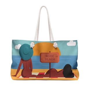 Nudist Beach Weekender Bag: Brown Women Art, Lakeside Tote