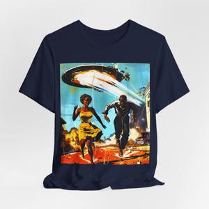 Couple Running from Alien Invasion Shirt | Sci Fi Style, Retro Space Sighting Tee Navy