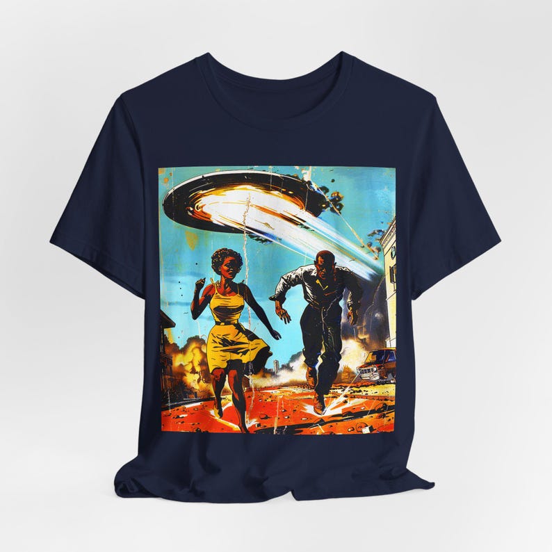 Couple Running from Alien Invasion Shirt | Sci Fi Style, Retro Space Sighting Tee Navy