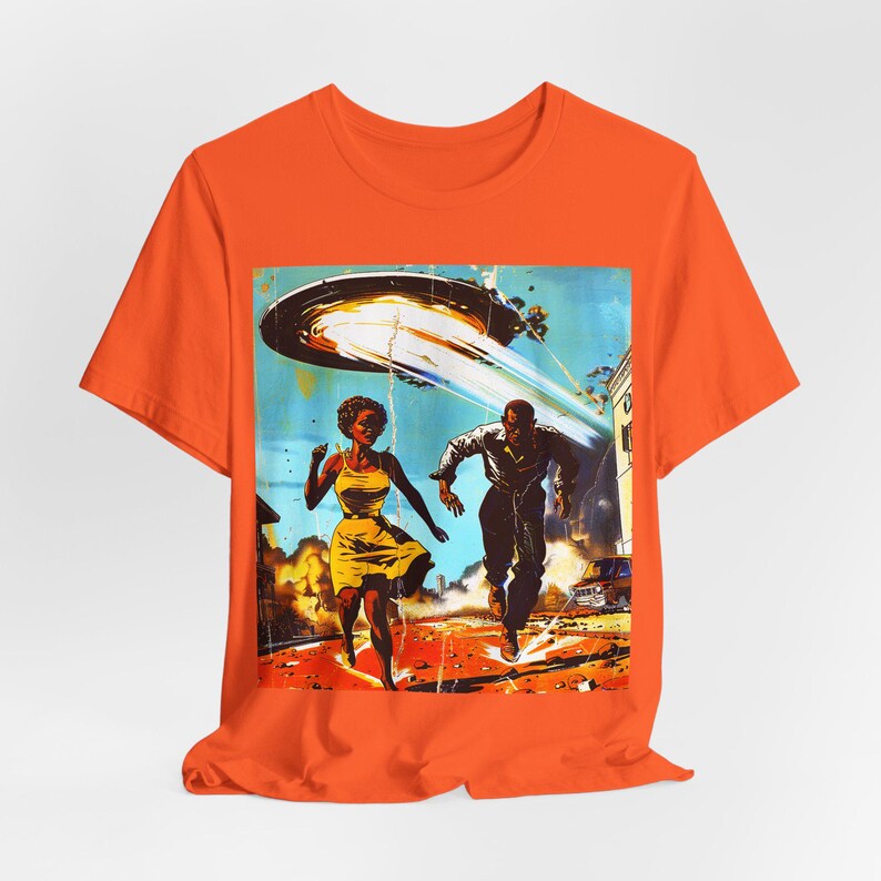 Couple Running from Alien Invasion Shirt | Sci Fi Style, Retro Space Sighting Tee Orange