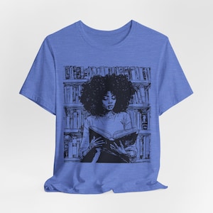 Afro Woman Reading T-Shirt: Black Girl Art, Book Lover Gift Heather Columbia Blue