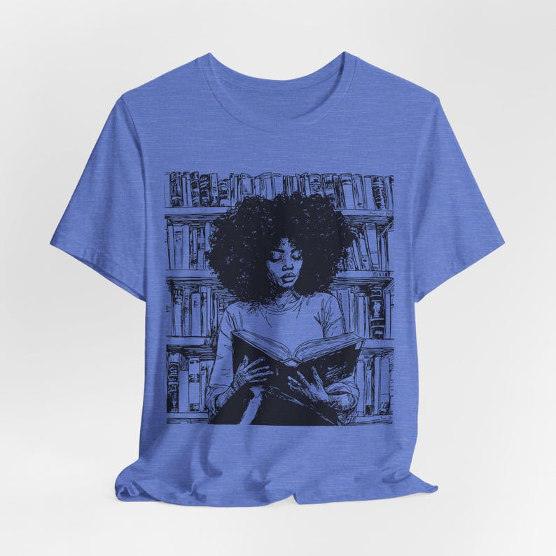 Afro Woman Reading T-Shirt: Black Girl Art, Book Lover Gift Heather Columbia Blue