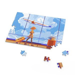 May include: A woman in a yellow dress and a straw hat pulls a suitcase through an airport terminal. A plane flies overhead against a blue sky with white clouds.