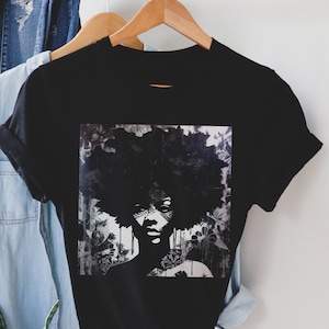 Afro Stencil Shirt - African American - Mixed Media - Afrocentric Tee - Basic Black Top - Collage Art - Melanin Woman