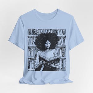 Afro Woman Reading T-Shirt: Black Girl Art, Book Lover Gift Baby Blue