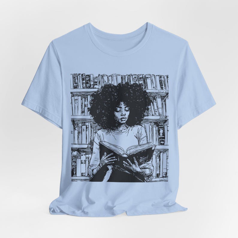Afro Woman Reading T-Shirt: Black Girl Art, Book Lover Gift Baby Blue