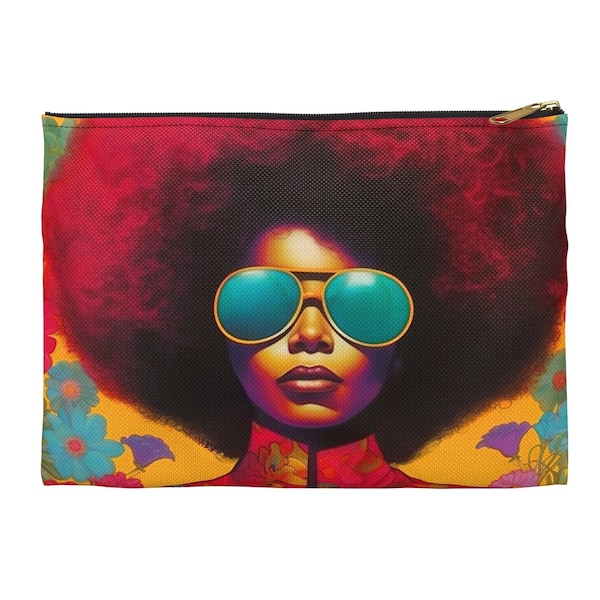 Afro Floral Zipper Pouch - Afrocentric Accessory Bag - Natural Fro Woman - Brown Skin Lady - Sunglasses Art - Melanin Lady - Travel Bag