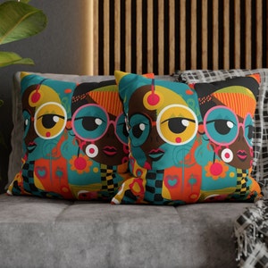 Afro Abstract Duo Pillow - Colorful Pattern - Black Woman Art - Sisterhood Pillow - Brown Friends - African American Home Decor