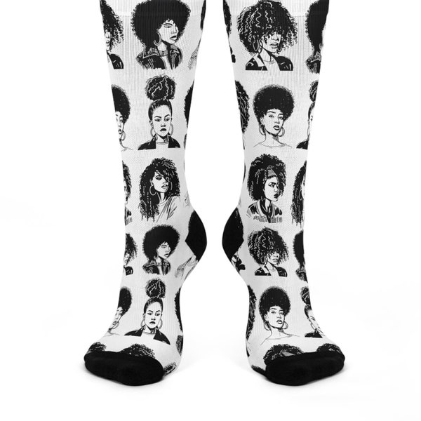 Curly Girls Crew Socks - Adult Unisex OSFA - Cushioned Footwear - Black Woman Art - Afro Hairstyles - Cosmetologist Gift - Beauty Culture