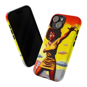 Black Girl Save the World Phone Case: Retro Sci-Fi Alien Invasion