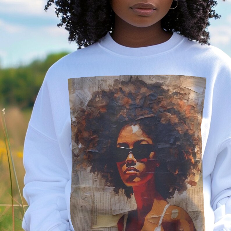 Afro Collage Sweatshirt, Mixed Media Style, Melanin Beauty, Adult Unisex, Black Woman Art