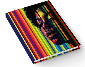 Black Woman Journal - Striped Face - Vertical Lines - Hardcover Book - Ruled Line - Afro Melanin Lady