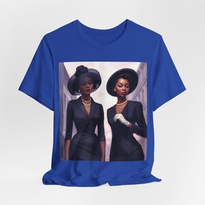May include: Two women wearing black suits and hats with white gloves and pearl necklaces. The women are standing side by side and looking forward.