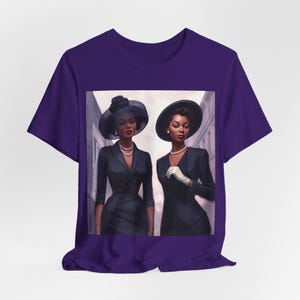 May include: Two women in black dresses and hats walk down a street. They are both wearing pearl necklaces and one is wearing white gloves.