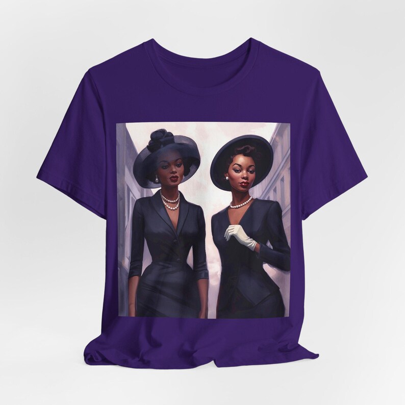 May include: Two women in black dresses and hats walk down a street. They are both wearing pearl necklaces and one is wearing white gloves.
