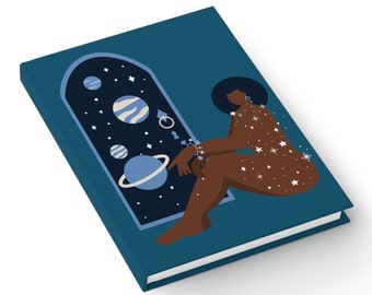 Magic Woman Journal - Ruled Line - Brown Skin Girl - Afro Art - Manifest Abundance - Gift for Writers - Space Art - Blank Notebook