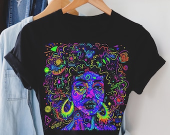 Afro Woman Neon Art Shirt: Psychedelic Graffiti Tee