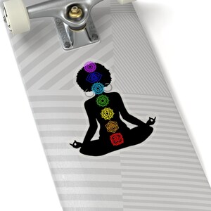 May include: A black silhouette of a person sitting in a yoga pose with the seven chakras represented in colorful symbols along the spine.