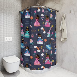 Princess Shower Curtain - Brown Girls - Fairy Tales - Rainbows - Black Girl Royalty - Kids Bathroom Decor