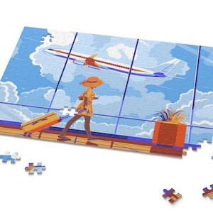 May include: A woman in a yellow dress and a straw hat pulls a yellow suitcase through an airport terminal. A plane flies overhead against a blue sky with white clouds.