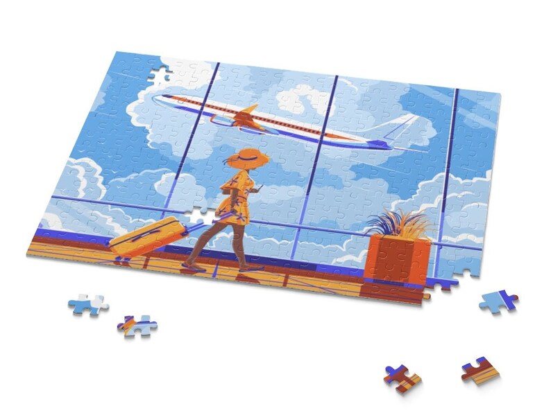 May include: A woman in a yellow dress and a straw hat pulls a yellow suitcase through an airport terminal. A plane flies overhead against a blue sky with white clouds.