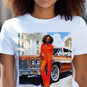 70s Black Glamour Shirt African American Fashion Illustration Brown Skin Woman Classic Tee Old School Vintage Style image 1