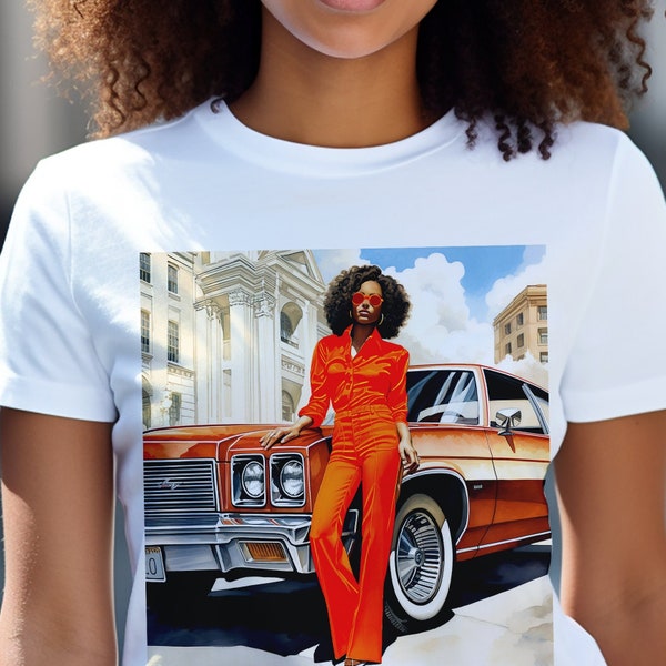 70s Black Glamour Shirt - African American - Fashion Illustration - Brown Skin Woman - Classic Tee - Old School Vintage Style