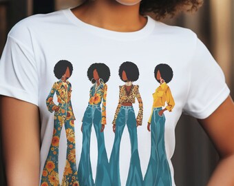 Camiseta estilo anos 70: Ilustração de moda afro e boca de sino - Unissex