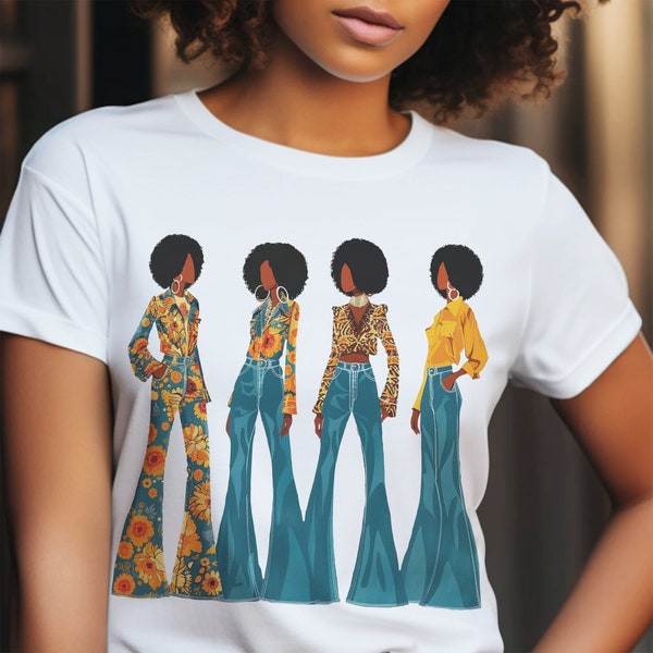 Afros and Bell Bottom Jeans Shirt - African American Tee - 70s Vibe - Fashion Illustration - Old School - Black Woman Art - Adult Unisex