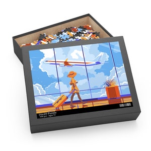 May include: A 500 piece jigsaw puzzle featuring a woman in a yellow dress and hat walking through an airport with a suitcase. The puzzle box shows a picture of the woman walking past a window with a plane flying overhead. The box says "16x20 Puzzle 500 pcs Ages 9+ "