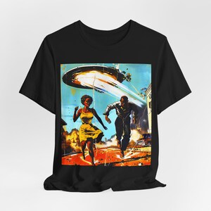 Couple Running from Alien Invasion Shirt | Sci Fi Style, Retro Space Sighting Tee Black