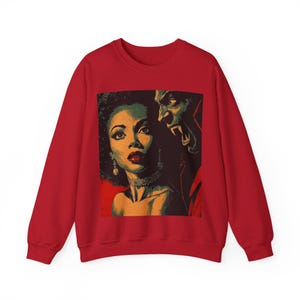 Black Horror Sweatshirt, Afro Woman with Vampire Monster Long Sleeve Top Red