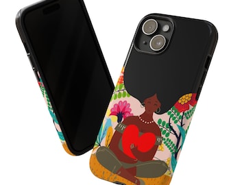May include: A black smartphone case featuring a graphic illustration of a person with dark skin and voluminous hair sitting cross-legged while holding a large red heart, surrounded by colorful stylized flowers and foliage.