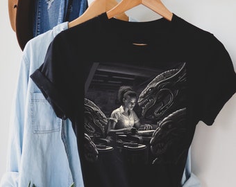 Afrofuturistic Tee: Black Woman, Corporate Aliens, Sci-Fi Design