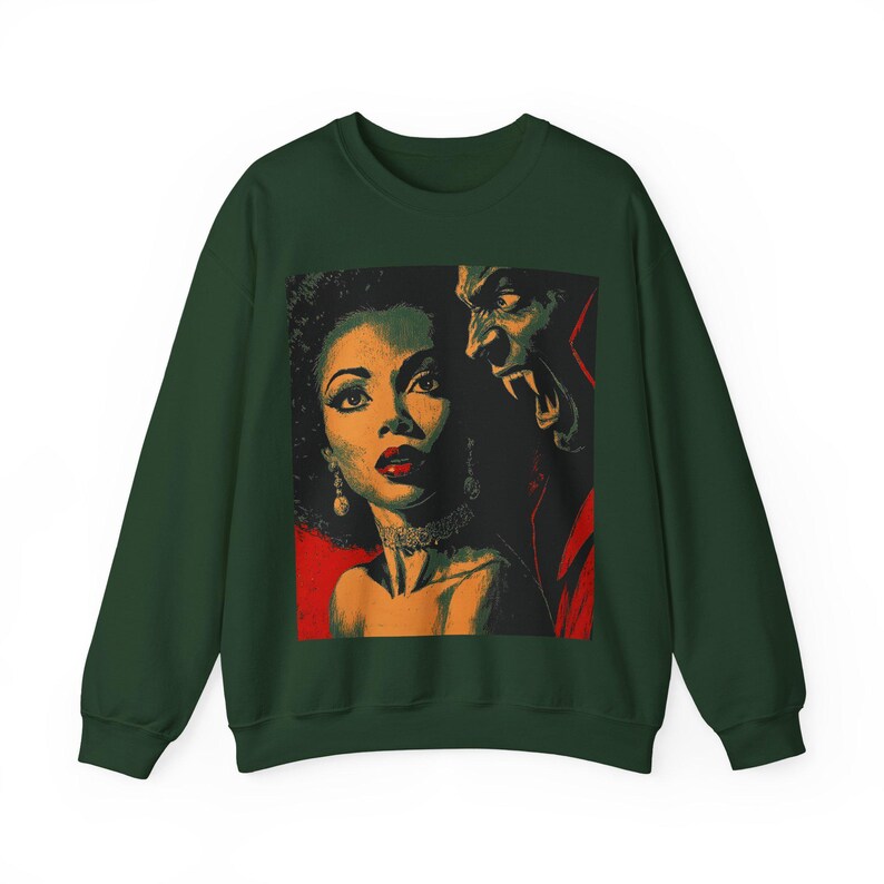 Black Horror Sweatshirt, Afro Woman with Vampire Monster Long Sleeve Top Forest Green
