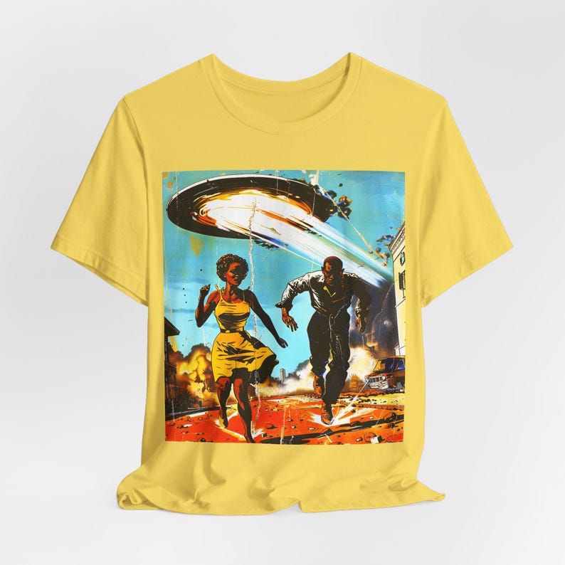Couple Running from Alien Invasion Shirt | Sci Fi Style, Retro Space Sighting Tee Maize Yellow