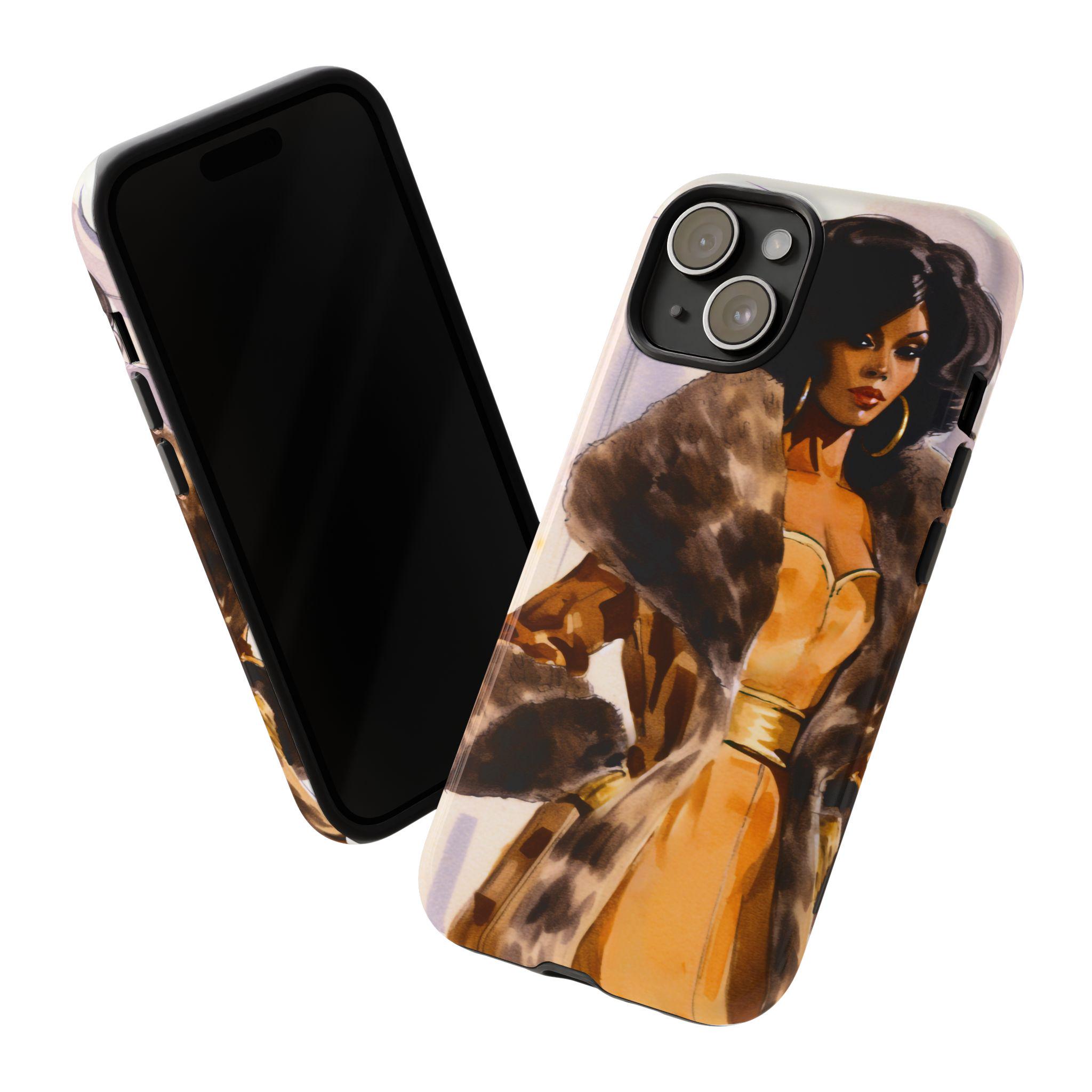 Vintage 70s Black Glamour Phone Case: Melanin Lady Fashion Illustration