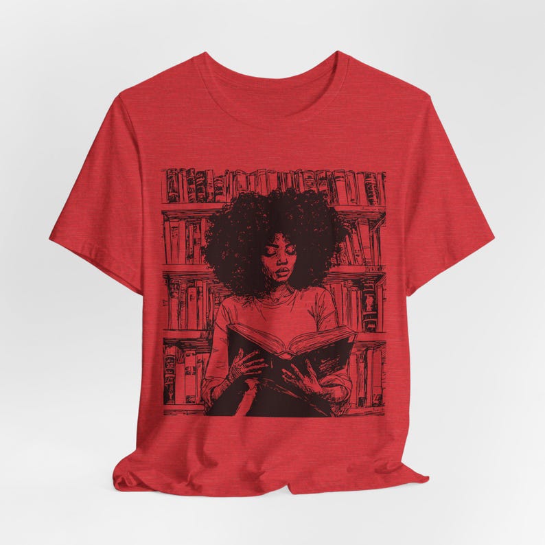 Afro Woman Reading T-Shirt: Black Girl Art, Book Lover Gift Heather Red