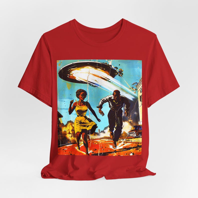 Couple Running from Alien Invasion Shirt | Sci Fi Style, Retro Space Sighting Tee Red