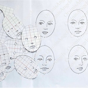 May include: A set of oval-shaped face templates with grid patterns and a few blank faces drawn in black ink. The templates are printed on white paper.